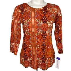 REBECCA MALONE  Orange Print Crew Neck‎ 3/4 Sleeve Cotton Top Sz Small NEW